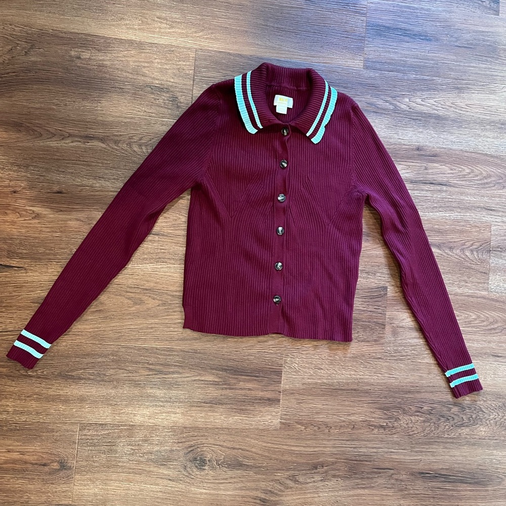 ANTHRO MAEVE Plunging Long-Sleeve Polo Cardigan Burgundy Baby Blue Ribbed Small